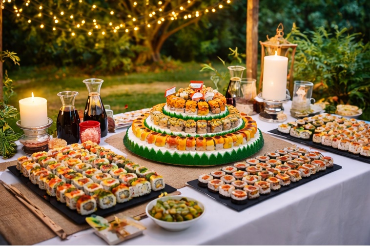 Catering de sushi para boda — presentación espectacular de piezas de sushi